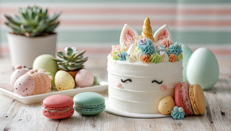 A whimsical cake decorated as a unicorn stands alongside various pastel colored macarons and eggs. The image showcases soft lighting and a bright, appealing color palette. Succulents and decorative elements enhance the overall aesthetic. Suitable for culinary, lifestyle, or celebratory themes and editorial content.の素材
