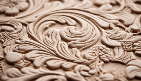 This image presents a close-up of a carved wooden surface, showcasing elaborate floral and scroll designs. The texture appears smooth with gentle light creating subtle shadows. The overall style suggests traditional craftsmanship, with potential applications in interior design, artistic projects, and decorative elements.の素材
