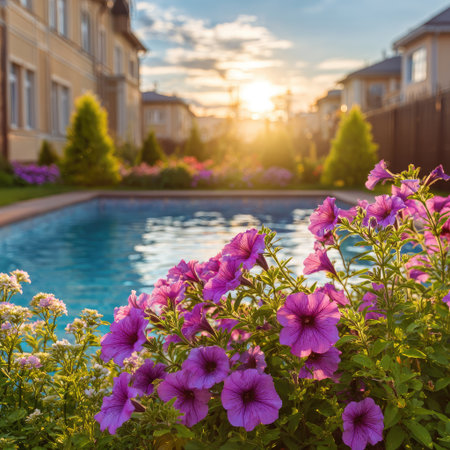 A tranquil scene features a swimming pool surrounded by colorful petunias. The composition highlights a clear pool reflecting the sky, with houses in the background. The image exhibits a natural style with bright colors and soft lighting, suggesting a daytime, outdoor setting. Suitable for various commercial and editorial applications.の素材