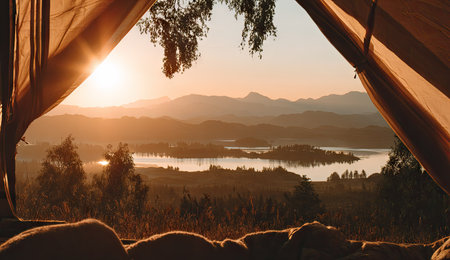 This image captures a picturesque landscape with a lake, mountains, and trees, viewed from within a tent. The scene is bathed in warm sunlight, creating a golden hue. The composition is a wide shot, emphasizing the natural beauty and calm atmosphere. This image could be suitable for travel, outdoor recreation, or environmental themes.の素材