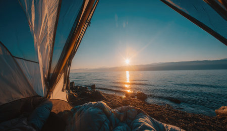 An outdoor scene captures a sunrise view from inside a tent, overlooking a tranquil body of water. The warm light of the sun reflects on the calm water, with mountain silhouettes in the background. This image showcases a natural environment, potentially suitable for travel or outdoor lifestyle content.の素材