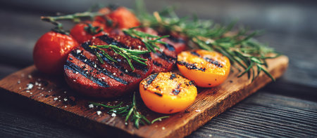 This image showcases grilled tomatoes on a rustic wooden board. The vibrant red and yellow tomatoes are accented by green herbs and scattered salt. The composition employs overhead lighting and a shallow depth of field, giving it a warm, inviting feel. Suitable for culinary, food blogs, or lifestyle content.の素材