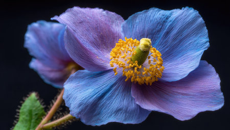 This image showcases a close-up of a blue poppy flower, its petals exhibiting a gradient of colors. The yellow center provides contrast against the blue. The composition, set against a dark background, highlights the textures and details. Suitable for various applications, including botanical illustrations and decorative designs.の素材