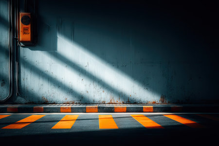 An industrial interior scene showcases a textured concrete wall with strong geometric shadows cast by sunlight. Orange stripes and accents provide contrast against the blue-gray tones. The composition and lighting create a dramatic effect, suitable for commercial projects or editorial use related to architecture and design.の素材