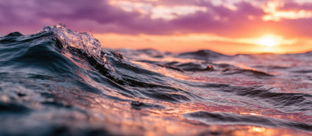 The image features a close-up of an ocean wave, illuminated by the warm light of a setting sun. The composition highlights the water's texture and movement, with soft focus blurring the background. Colors include shades of blue, pink, and orange. This image could be used for various projects, including editorial features.の素材