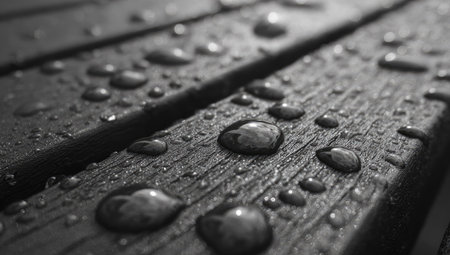 This monochromatic photograph features numerous water droplets resting on a textured wooden surface. The composition highlights the droplets' reflective properties and the wood's grain. The image uses natural lighting, creating a high-contrast visual. This could be used for various commercial or editorial applications.の素材