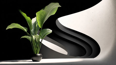 A vibrant green plant stands prominently against an abstract backdrop of black and white curves. The scene is illuminated by soft, natural light, creating shadows and highlights that emphasize the textures. This image could be utilized for various commercial and editorial purposes, including design and lifestyle themes.の素材