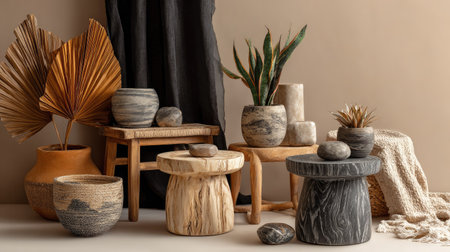 This image presents an assortment of decorative pottery and potted plants arranged on wooden stools. The composition features a neutral color palette with variations in texture, from the rough pottery surfaces to the smooth stones. The lighting creates shadows, enhancing the visual depth, suitable for design and lifestyle themes. This arrangement could be used for advertising and editorial purposes.の素材