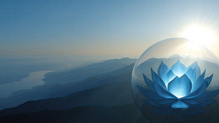 An ethereal illustration presents a vibrant blue lotus flower encased within a clear sphere, set against a soft, gradient mountainous landscape. The image uses a cool color palette with diffused lighting, suggesting a serene atmosphere. This composition is suitable for diverse applications, including creative projects and illustrative uses.の素材