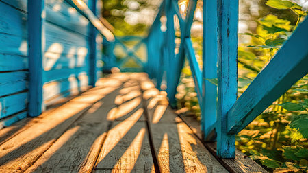 A wooden balcony with vibrant blue railings is shown bathed in warm sunlight. The image features a shallow depth of field, highlighting the textured wood and casting shadows. The natural light suggests an outdoor setting, possibly a porch or deck, suitable for architectural or lifestyle projects.の素材