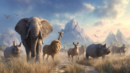 A collection of diverse animals is presented in a detailed, landscape composition. The image showcases realistic animal textures, set against a backdrop of distant mountains under a cloudy sky. The lighting creates a sense of depth and evokes an illustrative style. Suitable for various editorial and commercial applications.の素材