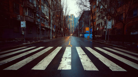 A view of a pedestrian crossing on a wet street. The composition features a symmetrical perspective, with the crossing stripes leading towards the background. Buildings line the street, indicating an urban setting, possibly on a cloudy day. Ideal for conceptual imagery and various commercial uses.の素材