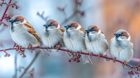 Five birds are perched on a thin branch, appearing in a row against a soft, unfocused backdrop. The birds display a mix of neutral and warm tones, their feathers finely detailed. The composition suggests an outdoor environment, with soft lighting and an overall natural aesthetic, ideal for various stock image applications.の素材