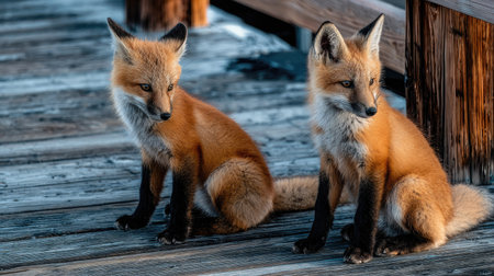 Two foxes are captured in a daytime scene, perched on a weathered wooden surface. The animals have vibrant reddish-brown fur, set against the backdrop of an outdoor environment. Soft natural lighting enhances the image, making it suitable for editorial content or commercial applications.の素材