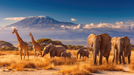 An image showcases an African savanna scene. Giraffes and elephants populate the foreground, set against a backdrop of a majestic mountain and clear blue sky. The golden grasses and warm sunlight create a vibrant and natural environment. Suitable for a range of commercial uses including travel and wildlife content.の素材