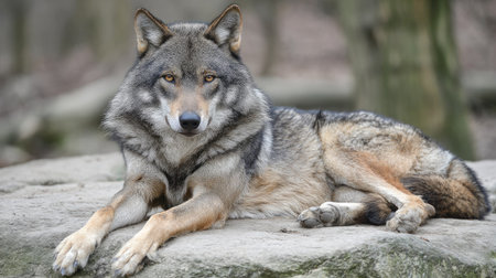 A striking wolf is the focal point, captured in a relaxed pose upon a rock. Its fur showcases a blend of gray, brown, and cream tones. The composition and lighting create a sense of depth, with a soft backdrop. This image could be used for various projects.の素材