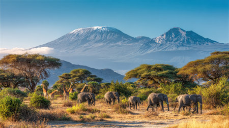 A herd of elephants walks through a savanna grassland with mountains visible in the distance. The scene is bathed in daylight, featuring a wide composition with lush trees and vegetation. This image could be used for various commercial projects related to nature, travel, or wildlife conservation.の素材