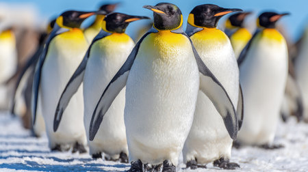 A group of king penguins is shown standing close together in a snowy environment. The birds display a pattern of black, yellow, and white plumage, with the composition highlighting their upright posture. This image could be used for various purposes including educational materials and nature-related projects.の素材