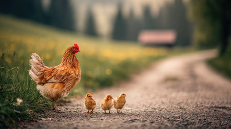 A hen and three chicks stand on a rural dirt road. The image presents a warm color palette with natural light and soft focus. The composition shows the subjects in the foreground with a blurred background of green fields and a distant structure. This image could be used for various projects including illustrative and editorial purposes.の素材