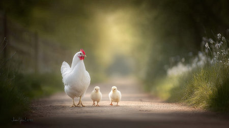 A white hen stands with two chicks, walking along a path bathed in soft sunlight. The image showcases natural textures and a shallow depth of field, with a blurred background. The scene suggests a rural setting, ideal for projects related to farming, nature, or illustrating educational concepts.の素材