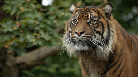 A close-up photograph captures a tiger's face with striking detail. The animal's fur displays shades of brown and black stripes. The background features blurred green foliage. This image could be suitable for educational materials, wildlife publications, or diverse commercial projects.の素材