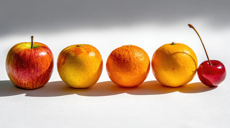 An overhead shot reveals an array of fresh fruits including apples, oranges, and a cherry. The composition emphasizes the vibrant colors of the produce against a white backdrop. Natural lighting highlights the textures and shapes, creating a visually appealing image for various commercial projects.の素材
