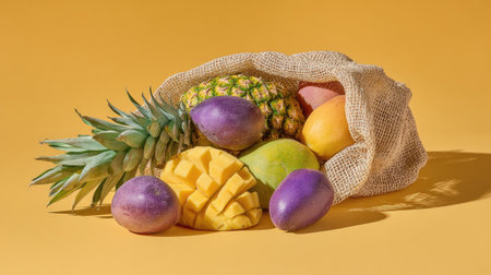 An array of diverse fruits, including mango, pineapple, and plums, spills from a natural burlap sack. The vibrant collection is set against a solid yellow background, enhancing the colors of the produce. This image showcases a still life with bright lighting, suitable for various commercial uses.の素材