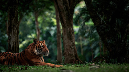 A Bengal tiger rests peacefully within a dense, verdant forest, bathed in soft, natural light. The scene showcases the animal's distinctive orange and black stripes against a backdrop of green foliage and tree trunks. This image may serve various editorial and commercial applications.の素材