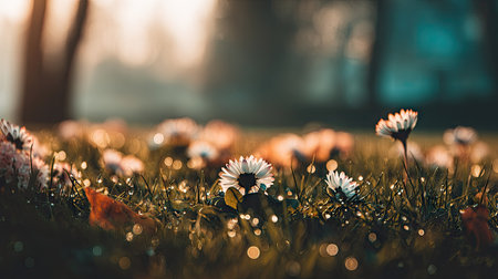 This image captures a close-up of daisies and grass bathed in soft light. The composition features a shallow depth of field, with the foreground flowers in focus against a blurred background. Warm tones and bokeh effects create a dreamy atmosphere, suitable for various editorial and commercial applications.の素材