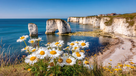 A scenic coastal view features white cliffs bordering a turquoise sea. Close up, daisies bloom. The scene showcases a sunny day with clear blue skies. Suitable for various uses, this image captures the natural beauty of a coastal environment, potentially for travel or environmental content.の素材