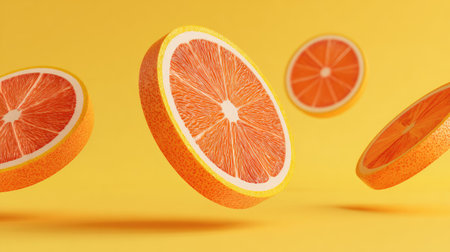 This image showcases several orange slices, each exhibiting a detailed texture and vibrant color. The composition features a bright yellow background, providing a contrasting environment. This design, with its focus on food, can be used for culinary, health, or lifestyle purposes. It also serves for visual content.の素材