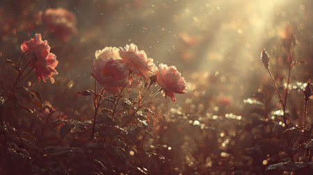 The image showcases delicate roses bathed in warm sunlight. The composition features a shallow depth of field, emphasizing the flowers' textures and soft color palette. This outdoor scene displays a dreamy aesthetic with visible light rays. Suitable for various editorial and commercial applications, the image evokes feelings of tranquility and beauty.の素材
