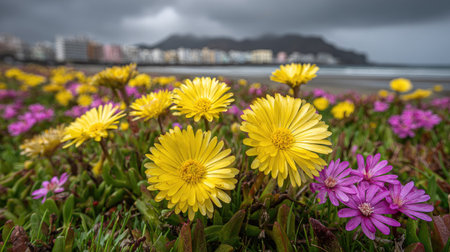 Bright yellow and purple wildflowers thrive near the coast under an overcast sky. The image displays a macro view of the blossoms amidst green foliage. The scene features a naturalistic composition with soft lighting. Suitable for use in nature-themed projects, editorial content, and various design applications.の素材