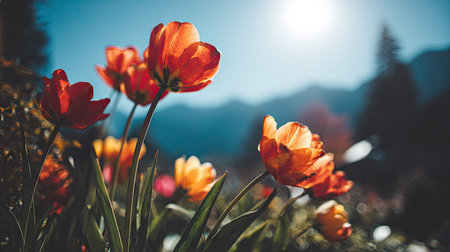 Close-up of radiant tulips showcases red and orange petals with green foliage. The composition features a blurred background of a blue sky, mountains, and bright sunlight. This image evokes feelings of spring and natural beauty. Suitable for various editorial and commercial applications.の素材