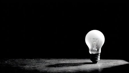A glowing light bulb stands isolated against a stark black background. The image uses a monochromatic palette, emphasizing contrast and texture. The composition suggests an indoor setting, likely studio-lit. This visual could be used commercially or editorially to represent concepts such as creativity, innovation, or problem-solving.の素材