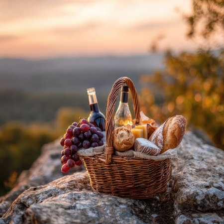 A picnic basket sits atop a textured rock formation, filled with food and beverages. The basket contains bottles of wine, bread, grapes, and cheese. The scene is illuminated by warm, golden light during a sunset. This image could be used in various commercial applications promoting food, travel, or leisure.の素材