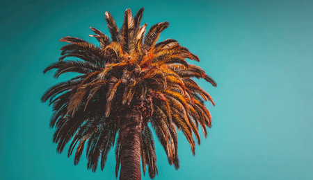 This image showcases a detailed view of a palm tree, its fronds displaying warm tones set against a clear turquoise sky. The composition emphasizes texture and natural patterns, utilizing contrasting colors. Suitable for various creative projects, this image can be used for both commercial and editorial purposes.の素材