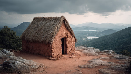 A small, earthen-toned cottage stands atop a rocky landscape, its thatched roof contrasting with the cloudy sky. The composition emphasizes the structure's isolation, enhanced by the surrounding mountain range and the muted color palette. This image could be used for illustrations related to rural life, travel, or environmental themes.の素材