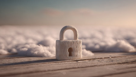 A close-up view displays a textured white padlock, set against a blurred background of clouds and a wooden surface. The composition uses soft lighting and a shallow depth of field, emphasizing the central object. This image may be suitable for illustrating concepts of security, protection, or privacy in various commercial contexts.の素材