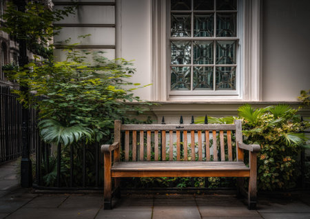An inviting wooden bench sits amidst vibrant green plants, positioned in front of a building's window. The image exhibits a natural aesthetic with a play of light and shadow, featuring textured elements. The scene suggests an outdoor setting, offering potential for commercial applications or editorial use.の素材