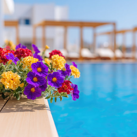 A bouquet of colorful flowers sits in the foreground, next to a refreshing pool of water. The composition highlights vivid purple, yellow, and red blossoms against the backdrop of a bright blue pool and a building in the sun. The setting suggests a tranquil outdoor environment, suitable for various editorial and promotional purposes.の素材