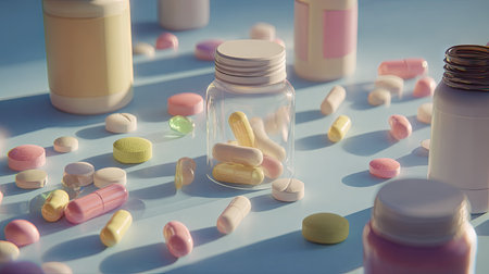 Various pills and prescription bottles are scattered on a light blue surface in this image. The composition features a soft, diffused lighting and pastel colors. Suitable for illustrating health, medicine, or pharmaceutical themes, the image can be used in various commercial and editorial contexts.の素材