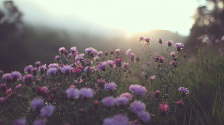 The image features clusters of purple flowers bathed in soft sunlight. The composition focuses on the blooms, with a blurred background suggesting a natural environment. The color palette consists of soft purples and greens, with warm light adding depth. It could be suitable for various editorial and commercial applications.の素材