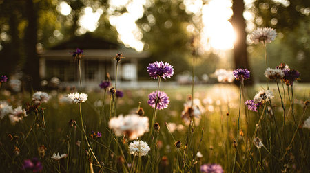 A field of wildflowers is showcased, with blossoms of white and purple. The scene is bathed in warm sunlight, creating a soft, diffused glow. The composition features a shallow depth of field, with a building subtly present in the background. Suitable for various projects, including editorial and commercial applications.の素材