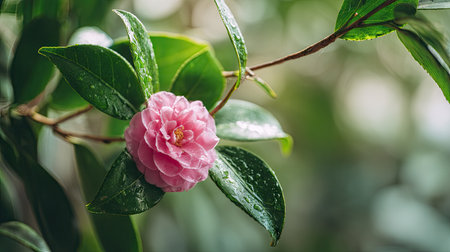 A close-up shot showcases a delicate pink camellia flower surrounded by lush, green foliage. Water droplets glisten on the leaves, enhancing the natural textures. The composition focuses on the flower, highlighting its intricate petals and the surrounding environment. This image is suitable for various commercial uses.の素材