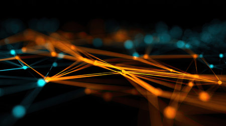 This image showcases an abstract digital network with connected glowing elements. The composition features a dark background with orange and blue lines and dots. The lines create a sense of interconnectedness, enhanced by the depth of field. This visual can be utilized for technology presentations, data analysis graphics, or design projects.の素材