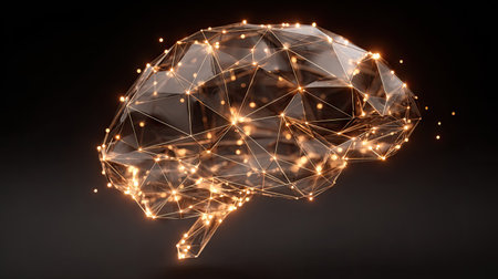 An illustration depicts a brain formed by interconnected nodes and lines. The image showcases a network of illuminated points against a dark backdrop. The composition features a three-dimensional effect and uses golden light to highlight the brain structure, suggesting ideas of technology or science, suitable for various editorial and commercial applications.の素材