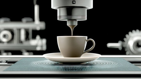 An image showcases a robotic arm precisely pouring a dark liquid into a ceramic cup atop a saucer. The composition features a shallow depth of field, with the focus on the cup and liquid. The scene is set against a dark backdrop, emphasizing the bright, clean design. Suitable for advertising, technology, or innovation concepts.の素材