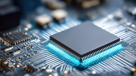 This image presents a detailed view of a central processing unit (CPU) situated on a complex circuit board. The composition emphasizes the intricate patterns and components with vibrant blue lighting. The style is detailed, suggesting a modern technological environment, and could be utilized for illustrating technology, innovation, or digital processes.の素材