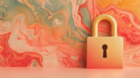 A close-up image shows a stylized gold-colored lock set against a swirling, textured background. The composition highlights the lock's shape with soft lighting and gradients of orange, yellow, and red. This conceptual artwork could be used for various commercial projects related to security, privacy, and digital concepts.の素材